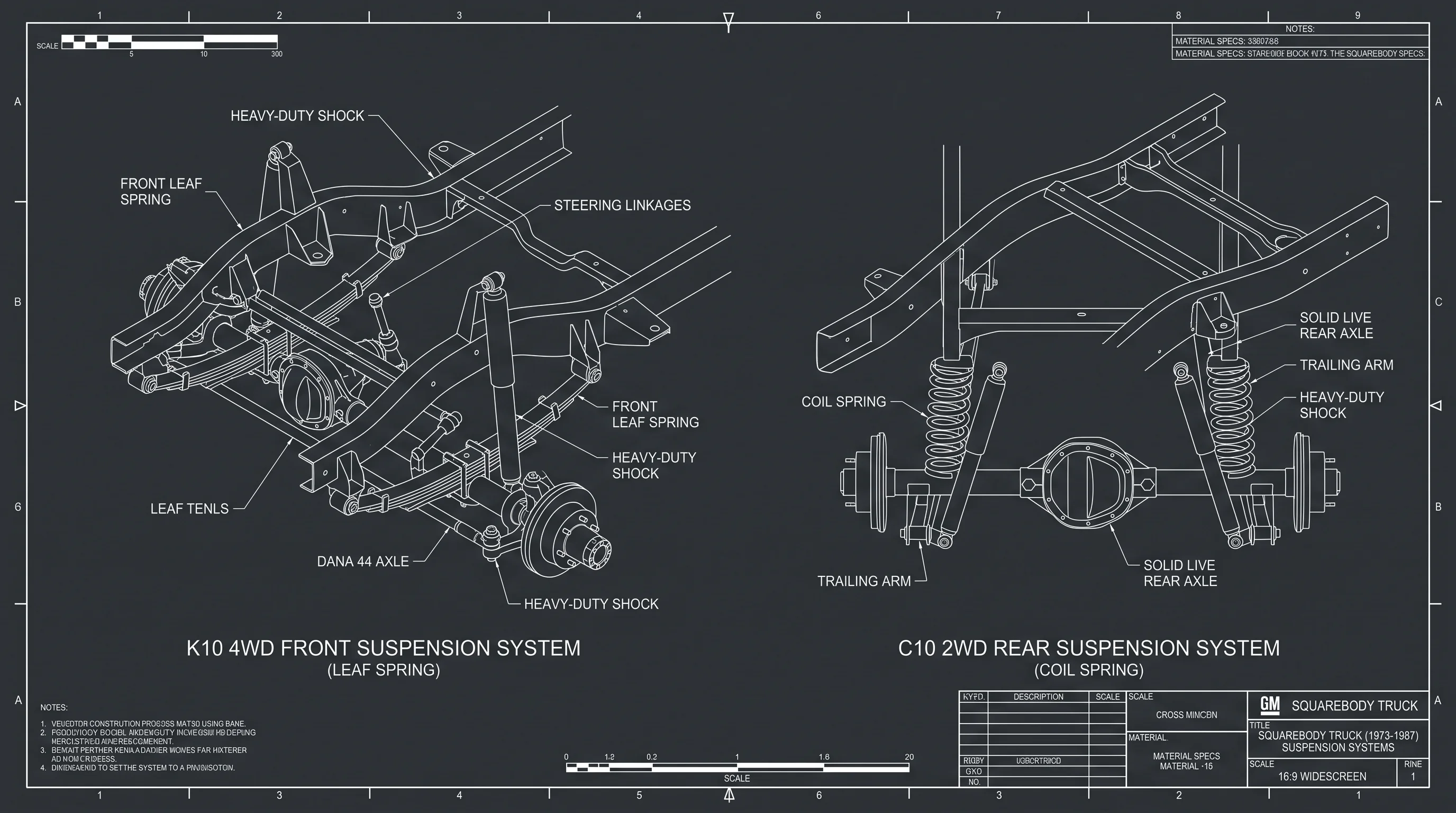 1973–1987 GM Squarebody truck front and rear suspension blueprint showing control arms and leaf springs